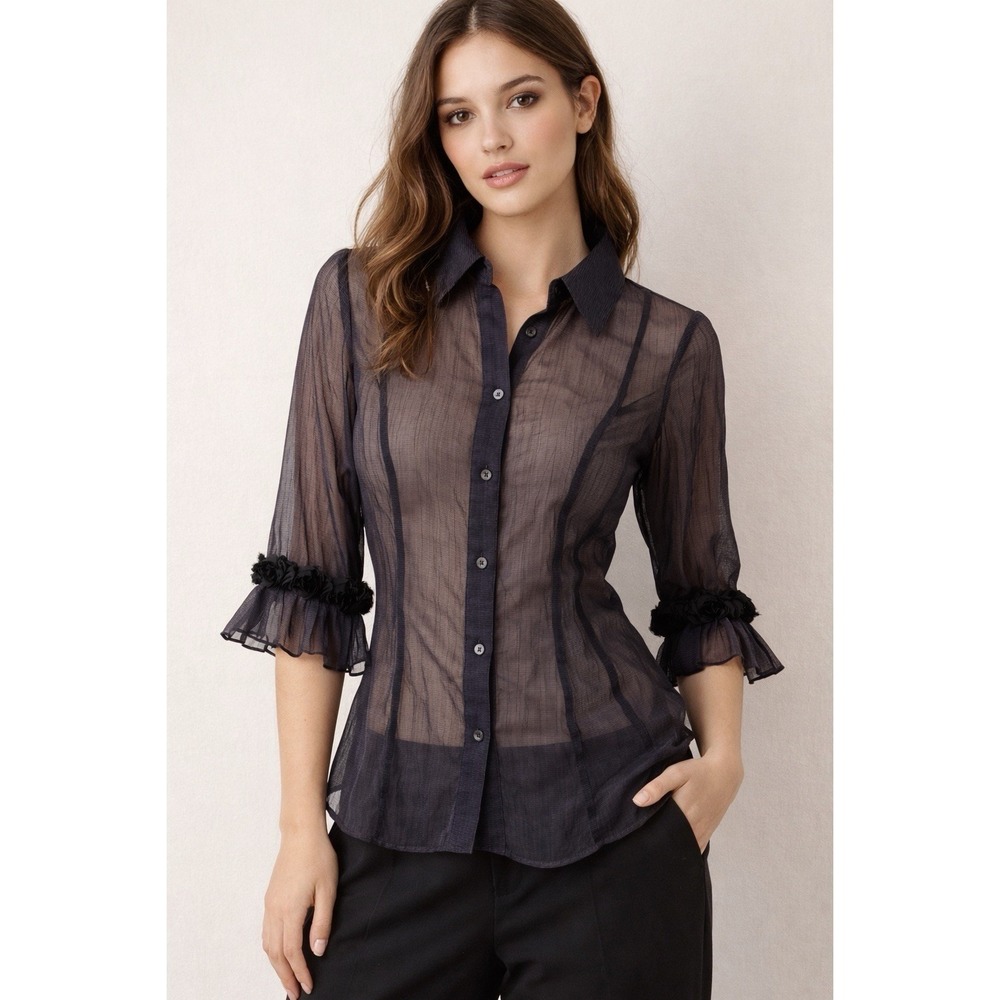 Sheer Black Stripe Shirt Blouse Womens M Ruffle Sleeve Gothic Coquette Top
